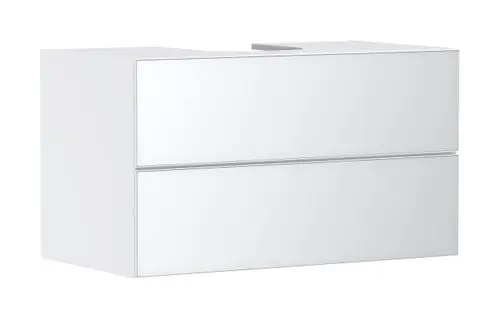 Weißer Waschtischunterschrank mit zwei Schubkästen von Hansgrohe, geeignet für einen Konsolen-Aufsatzwaschtisch, schlichtes Design, geriffelte Front.